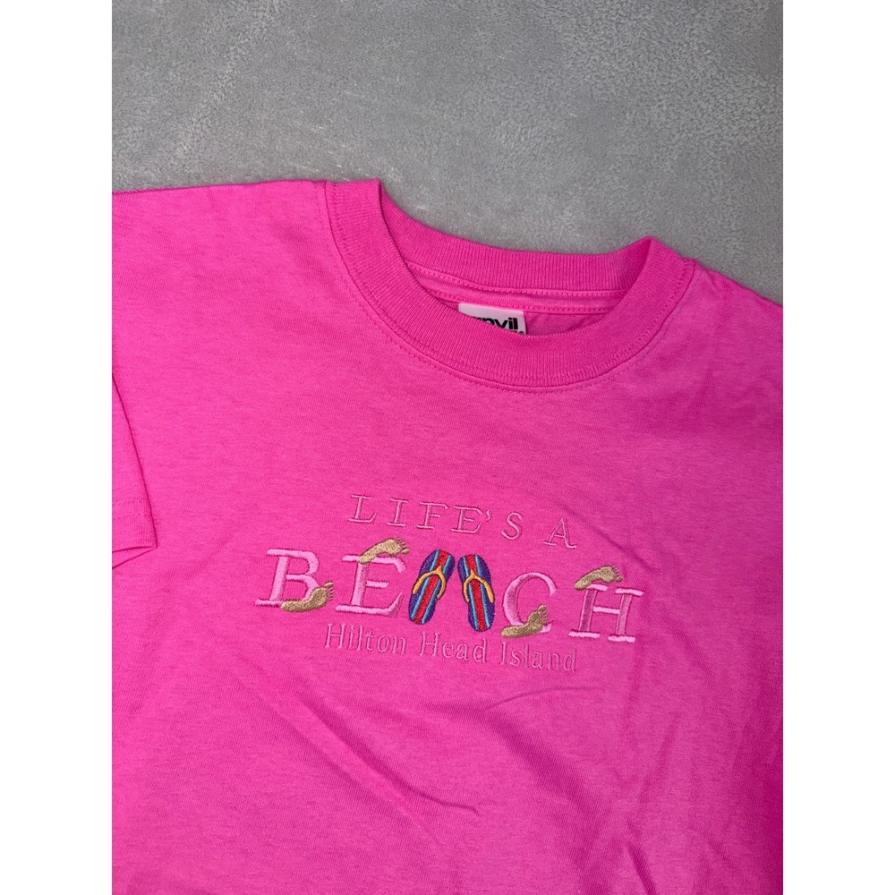 Anvil Kids Pink Lifes A Beach Hilton Head Island Embroidered T-Shirt Youth Large